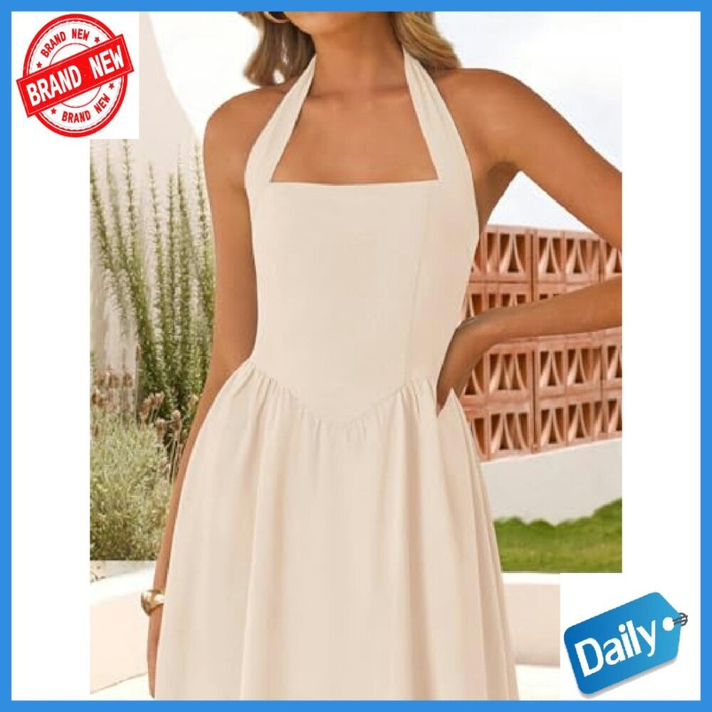 Sleeveless Halter Midi Dress High Waist Flowy Backless Off Shoulder - Picture 5 of 8